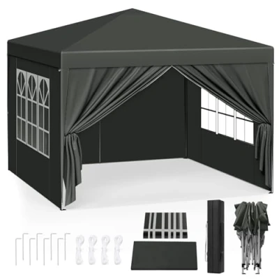 Afbeelding van WOLTU PVL0001gr Partytent, waterdichte vouwtent, zonwering, feesttent met zijwanden, tent voor in de tuin, terras, camping, festival, pagodetent Oxford metalen frame, 3 x m, grijs