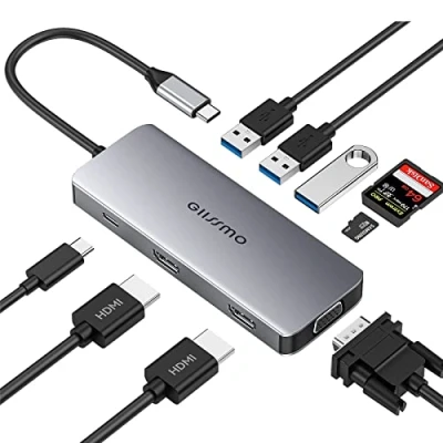 Afbeelding van GIISSMO Docking Station 2 HDMI, USB C Hub met Dual HDMI 4K, VGA, 3 A, 100W PD en TF/SD kaartlezer, drievoudige monitoradapter voor MacBook Pro/Air HP Dell Lenovo Huawei laptops