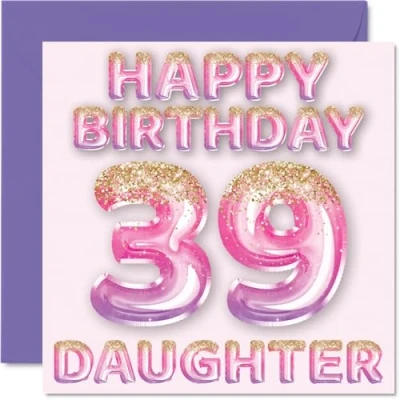 Afbeelding van 39e verjaardagskaart voor dochter roze en paarse glitterballonnen gelukkige verjaardagskaarten 39 jarige van mama papa ouders, 145 mm x cadeau