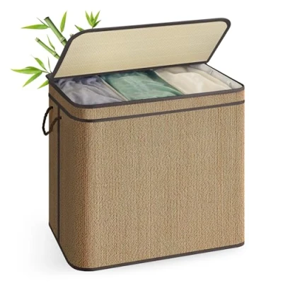 Afbeelding van SONGMICS Wasmand met 3 compartimenten, bamboe wasmand, 170 liter, afneembare en machinewasbare waszak, deksel, handgrepen, voor wasruimte, slaapkamer, woonkamer, bruin LCB069K01