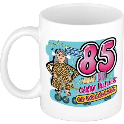 Afbeelding van Bellatio Decorations Cadeau / Verjaardag mok 85 jaar vrouw rollator keramiek vrouwen cadeautjes feest mokken