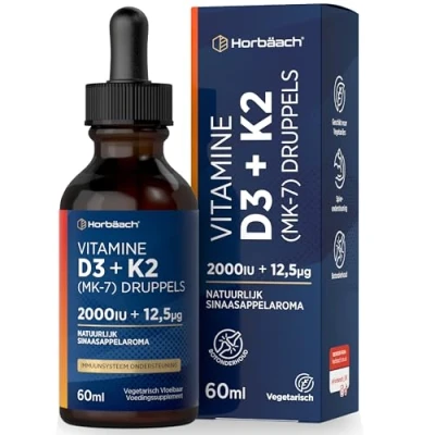Afbeelding van Vitamine D3 K2 Druppels 60ml Vitamin 2000 iu &amp; 12.5µg MK7 Hoge Dosis Premium All Trans Vegetarisch + Horbaach