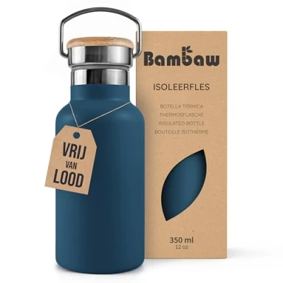 Afbeelding van Bambaw® 350ml RVS Thermosfles Dubbelwandig, Milieuvriendelijk, Lekvrijen, loodvrij en Plasticvrij Geïsoleerde Fles met Bamboe Deksel voor Warme Koude Dranken Ideaal Reizen, Werk, Yoga, Wandelen Dagelijks Gebruik blauw