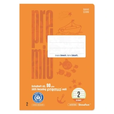 Afbeelding van Staufen premio Schrijlerlerschrift 10 schriften per 16 vellen, DIN A5, liniatuur 2 (4/4/4 mm gelinieerd, gekleurde liniatuur), 90 g/m² gerecycled papier, ronde hoeken voorkomen &quot;ezelsoren&quot;