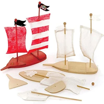 Afbeelding van Baker Ross FE274 Sets Met houten Piratenschip Set van 3, knutselsets voor kinderen om te versieren en laten zien, educatieve activiteit