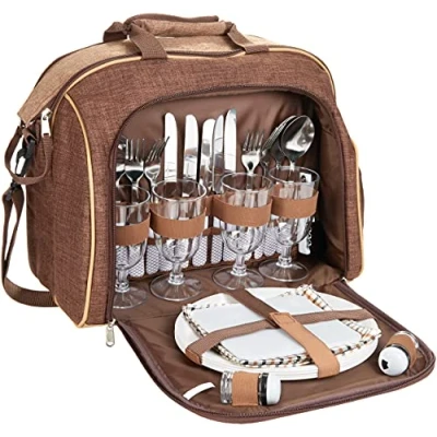 Afbeelding van BRUBAKER Picknicktas voor 4 personen met koelvak draagbaar als duffeltas of schoudertas bruin 38 x 30 21,5 cm
