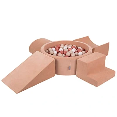 Afbeelding van KiddyMoon Speeltuin Fluweel Gemaakt Van Schuim Met Rond Ballenbad (200 Ballen) Ballenkuilen Voor Baby&#039;s Speelbad Hindernisbanen, Woestijnroze: Pastel Beige/Zalm Roze/Wit