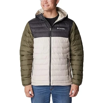 Afbeelding van Columbia Powder LITE Hooded Jacket Winterjas, Heren, Maat: Small, Dark stone/shark/green