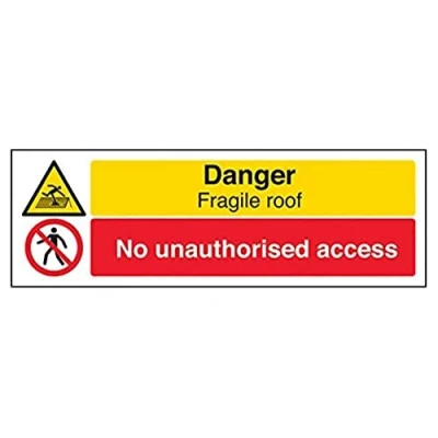 Afbeelding van VSafety Signs 67127AX S &quot;Fragile Roof/No Unauthorised Access&quot; waarschuwingsbord, zelfklevend, landschap, 300 mm x 100 mm, zwart/rood/geel