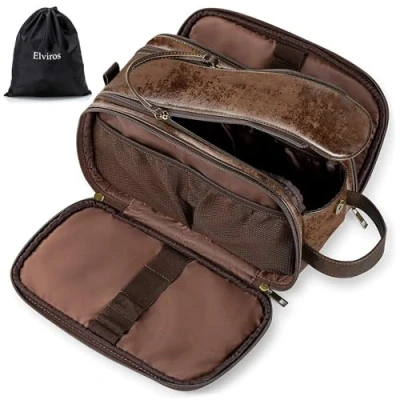 Afbeelding van Elviros Waterbestendige lederen toilettas voor mannen grote reistas scheren Dopp Kit Badkamer Gym Toiletten Make up Organizer met natte droge tas (Chocolade, 30,5 x 17 18 cm)