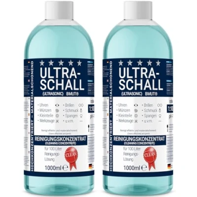 Afbeelding van 2 x 1000 ml ultrasoonreiniger, concentraat, vloeistof, voor brillen, horloges, sieraden, kunstgebitten en nog veel meer, in ultrasoonbad