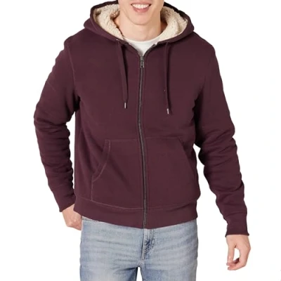 Afbeelding van Amazon Essentials Men&#039;s met sherpa gevoerde fleecetrui capuchon en volledige ritssluiting, Bordeauxrood, S
