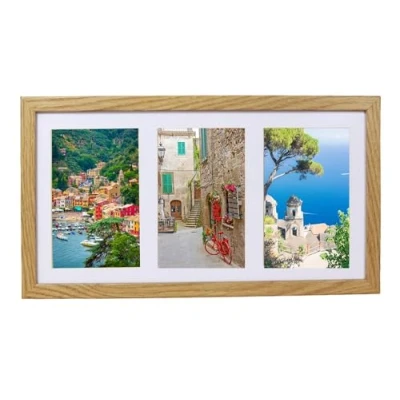 Afbeelding van BD ART Collage fotolijst 18x35 voor drie foto&#039;s met passe partout 10x15 cm, eiken, plexiglas, MDF hout, moderne om aan de muur te hangen of op een kast plaatsen