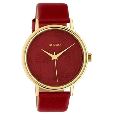 Afbeelding van OOZOO Timepieces Goudkleurige horloge met rode leren band C10393