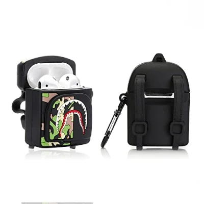 Afbeelding van Derhom Siliconen Airpods leuke grappige hoes compatibel voor Apple 1 en 2 [tas serie] (Black Shark)