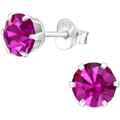 Afbeelding van JoyS Zilveren oorknoppen rond 6 mm kristal fuchsia roze oorbellen