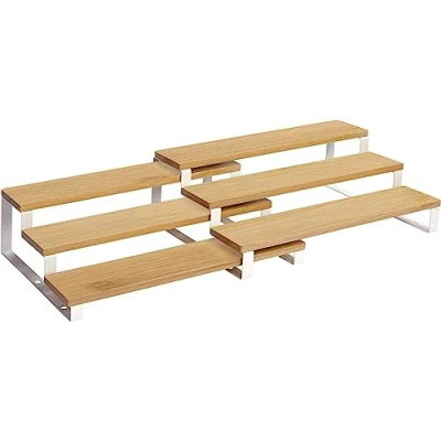 Afbeelding van SONGMICS Kruidenrekken, Keukenrekken, set van 2, elk met 3 planken, bamboe, uitschuifbaar, stapelbaar, voor pantry, keuken, werkblad, natuurlijk wit KCS016N02