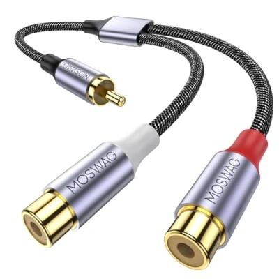 Afbeelding van MOSWAG RCA Splitter 1 Mannelijk naar 2 Vrouwelijk, Y Kabel Audio Video Adapter Extensie Compatibel met subwoofers, Speakers, Gaming consoles (0.65ft/20cm)