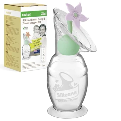 Afbeelding van haakaa Handmatige borstkolf met bloemenstopset, Gen.2 siliconen handpomp zuigbasis, BPA vrij (150 ml, lavendel)