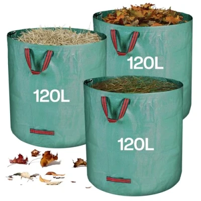 Afbeelding van Zanfqvo Tuinafvalzak, stabiel, 3 x 120 liter, tuinzak, bladzak met handgrepen, groene snijzakken, opvouwbaar, robuust, van polypropyleenweefsel, 150 g/m², gazon voor tuinafval, groen snijden