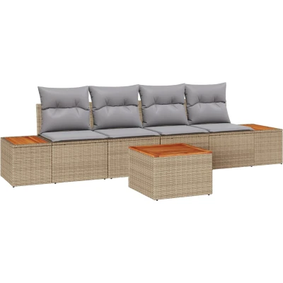 Afbeelding van vidaXL 5 delige Tuin Sofa Set met Kussens Beige Poly Rattan Acacia