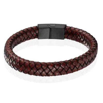 Afbeelding van Gevlochten Leren Armband Heren Edelstaal Sluiting Bruin 18.5cm