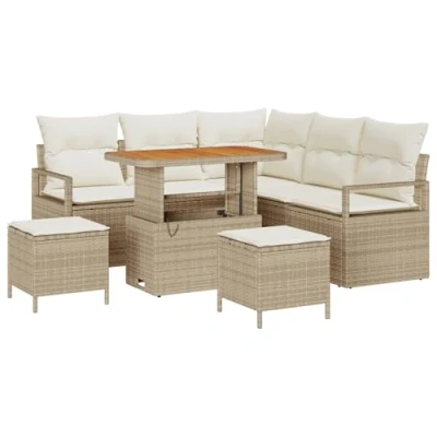 Afbeelding van vidaXL 8 delige Tuin Sofa Set met Kussens Beige Poly Rattan Acacia, 2 zits Rattan, 3 Eettafel Acacia
