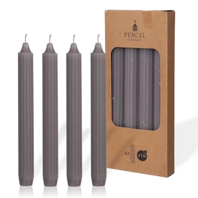 Afbeelding van COMFORDER Set van 4 tafelkaarsen, effen + geribbeld, 20 cm, 7 uur brandduur (grijs), ongeparfumeerd