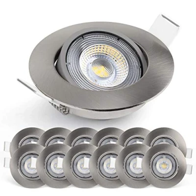 Afbeelding van EMOS led inbouwspot, 230 V, 5 W/450 lm, extra plat, 50 graden draaibaar, warmwit, 3000 K, set van 12 plafondspots voor binnen, inbouwlamp, kleur zilver