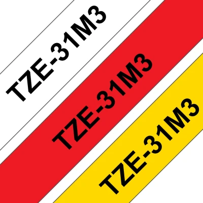 Afbeelding van Brother TZe 31M3 Labeltape Set van 3 stuks Tapekleur: Wit, Geel, Rood Tekstkleur: Zwart 12 mm 8 m