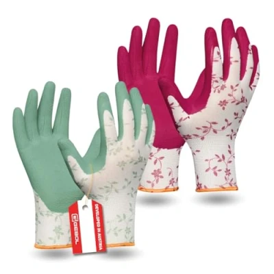 Afbeelding van Gebol Flower Duo 2 paar maat M (maat 8) tuinhandschoenen dubbelpak in de trendy kleuren 2023 werkhandschoen met bloemenpatroon zachte latex coating voor een goede grip dames rood