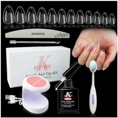 Afbeelding van Nagel Tip en Lijm Set 552 Stuks, Amandel X Uitbreiding met Mini Nagellamp, 5 in 1 Volledige Dekking Druk Op Naiser Kunst Extensies Tips
