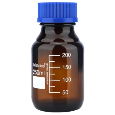 Afbeelding van Labasics Reagens Media Opslag Flessen, 1 Pack Amber Glas Gegradeerde Ronde Flessen voor Lab met Blauwe Schroefdop, 250 ml