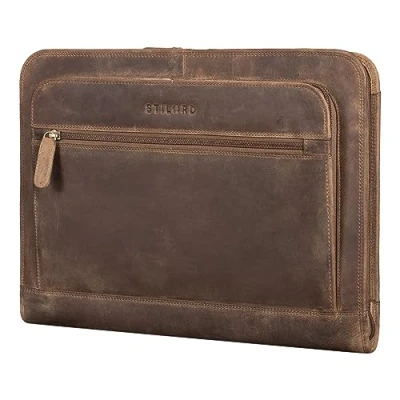 Afbeelding van STILORD &#039;Elton&#039; Conferentiemap A4 Leer Vintage Documentmap Schrijfmap Laptoptas voor 13,3 inch MacBook Business Orgnizer Presentatiemap Aktetas Lederen Map, Kleur:middel bruin