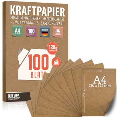Afbeelding van 100 vellen kraftpapier A4 set 120 g 21 x 29,7 cm DIN formaat knutselpapier &amp; natuurkarton kartonnen kraftkarton om af te drukken, papierknutsels huwelijksgeschenk en etiketten
