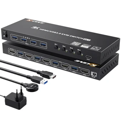 Afbeelding van HDMI KVM Switch 4 PC 1 Monitor 4K @60Hz, EDID emulator, USB 3.0 Port delen toetsenbord muis monitor, met bekabelde afstandsbediening en + kabels