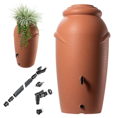 Afbeelding van KADAX Regenton van kunststof, 210 l, regenwatertank met kraan, plantenbak en deksel, decoratieve regentank, vorstbestendig regenvat