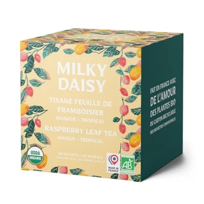 Afbeelding van Milky Daisy Biologische Frambozenbladthee Tropische Mango Smaak Zwangerschap, Pijnlijke Menstruatie en Borstvoeding 40 Theezakjes