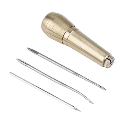 Afbeelding van koperen handvat naaien priem, 3 naalden priem reparatie tool hand stitcher gereedschap voor DIY canvas leer