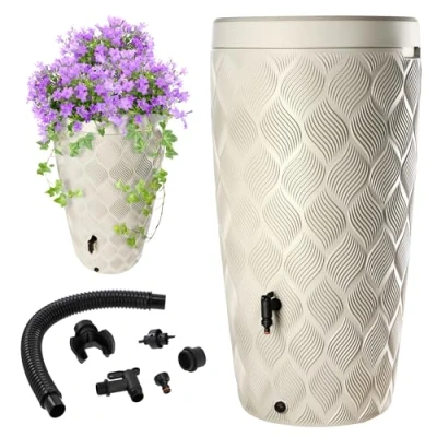 Afbeelding van KADAX regenton met in het deksel geïntegreerde plantenbak, 240 l, van kunststof, regenwaterreservoir kraan, vorstbestendige regentank (crème)