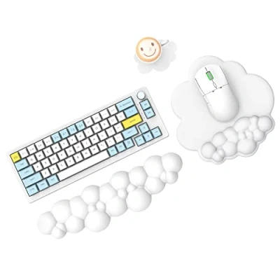 Afbeelding van MAMBASNAKE Cloud muismat en toetsenbord polssteunset met onderzetter, comfortabele traagschuim polskussenondersteuning muismatset antislipbasis, ergonomisch eenvoudig typen wit