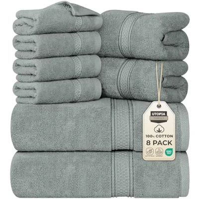 Afbeelding van Utopia Towels 8 Delige Handdoekset 2 badhanddoeken, handdoeken en 4 Washandjes Katoen Hotelkwaliteit Superzacht Zeer Absorberend (Koel Grijs).