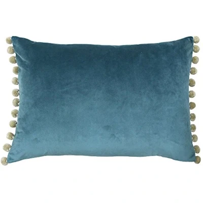 Afbeelding van Riva Paoletti Fiesta rechthoekige kussenhoes eend ei blauw natuurlijke beige pompon randen faux fluweel omkeerbaar ritssluiting 100% polyester 35 x 50 cm (14&quot; 20&quot; inch)