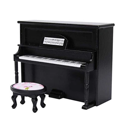 Afbeelding van Poppenhuis Mini Staande Piano Speelgoed Model met Kruk Simulatie Meubeldecoratie voor 1/12 Poppenhuisaccessoires (zwart)