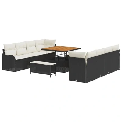 Afbeelding van vidaXL 11 delige Tuin Sofa Set met Kussens Zwart Poly Rattan Acacia, 2 Zits Opslag &amp; Rattan, 3 Eetset Acacia