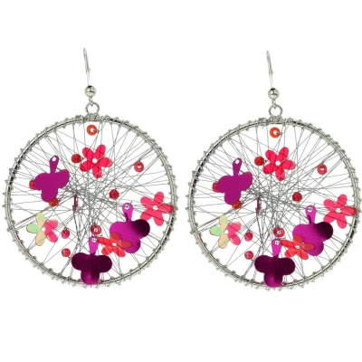 Afbeelding van Behave Ronde oorhangers met hand geweven glanzend zilverkleurige metaaldraad fuchsia en rode lovertjes kraaltjes