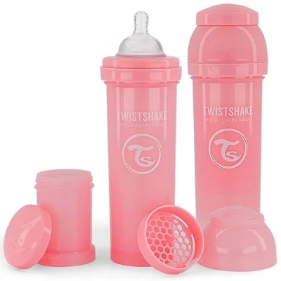 Afbeelding van Twistshake 2x Antikoliek Babyflesjes Met Melkpoederreservoir En Mixer 330ml Snelstromende Siliconen Speen BPA Vrije Babymelkfles 4+ Maanden Roos