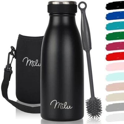 Afbeelding van Milu roestvrijstalen drinkfles 350ml, 500ml, 750ml, 1000ml thermosfles voor kinderen volwassenen lekvrije geïsoleerde fles koolzuur geschikt incl. Reinigingsborstel (zwart, 350 ml)