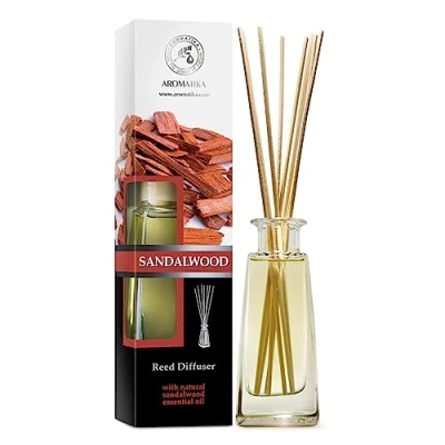 Afbeelding van Riet Verspreider met Natuurlijke Essentiële Olie Sandelhout 100ml 8 Bamboestokjes Intensieve en Langdurige Geur Luchtverfrisser Huisparfum Accessoire voor Aromatherapie Spa Restaurant Kantoor