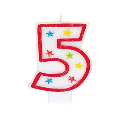 Afbeelding van Unique Party Supplies 37315 Glitterend cijfer 5 verjaardagskaarsen en &quot;Happy Birthday&quot; taartdecoratie